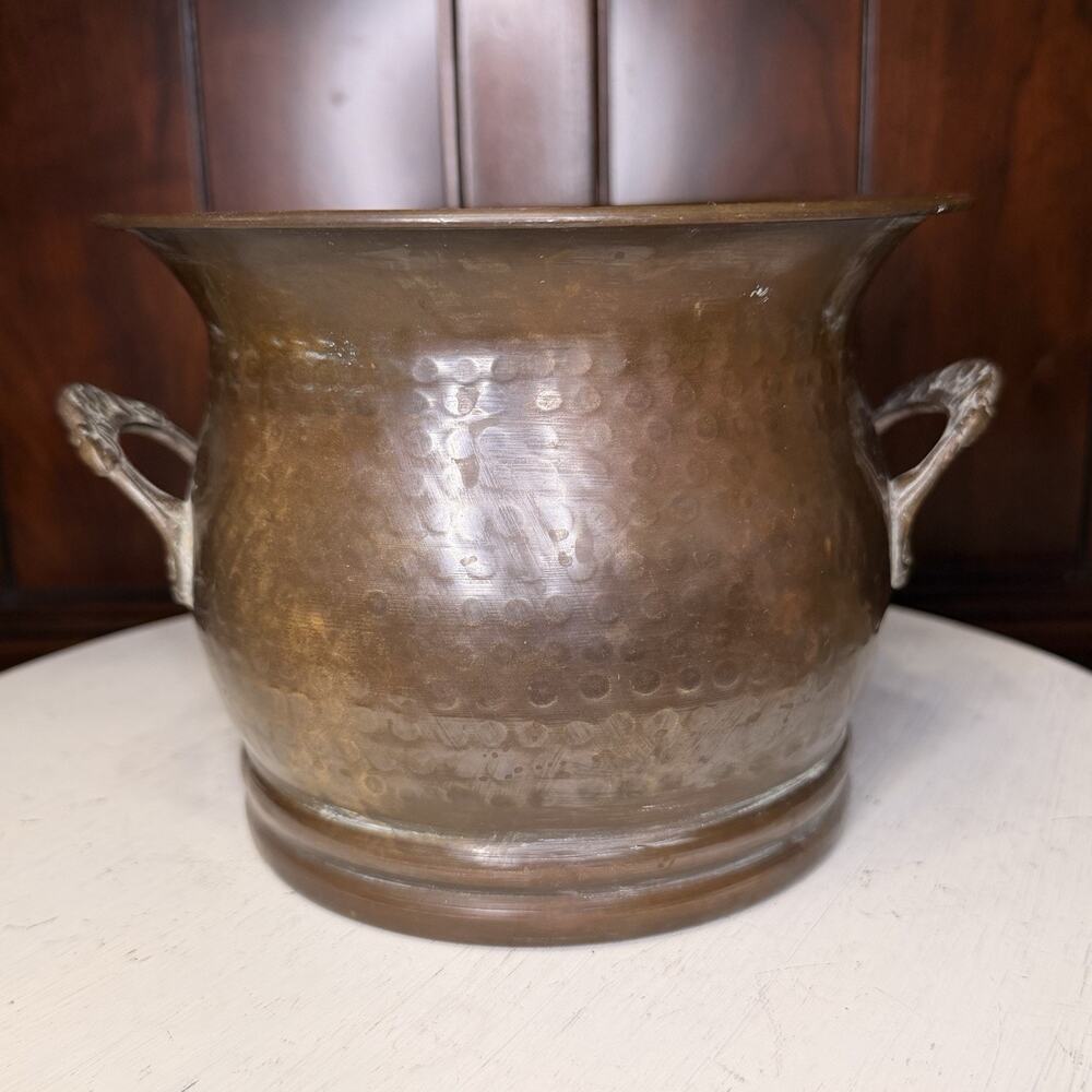 Vintage Brass Hammered Jardiniere Planter Pot With Orante Handles 5.5x7”